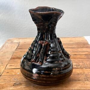 Studio Art Pottery Vase 9.5" Abstract Black Brown Glazed Modernist Brutalist